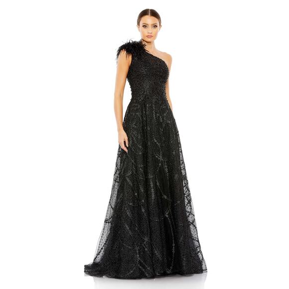 MAC DUGGAL 20389 Embellished One Shoulder A Line Gown Black Feathered 14 NEW - Picture 1 of 8